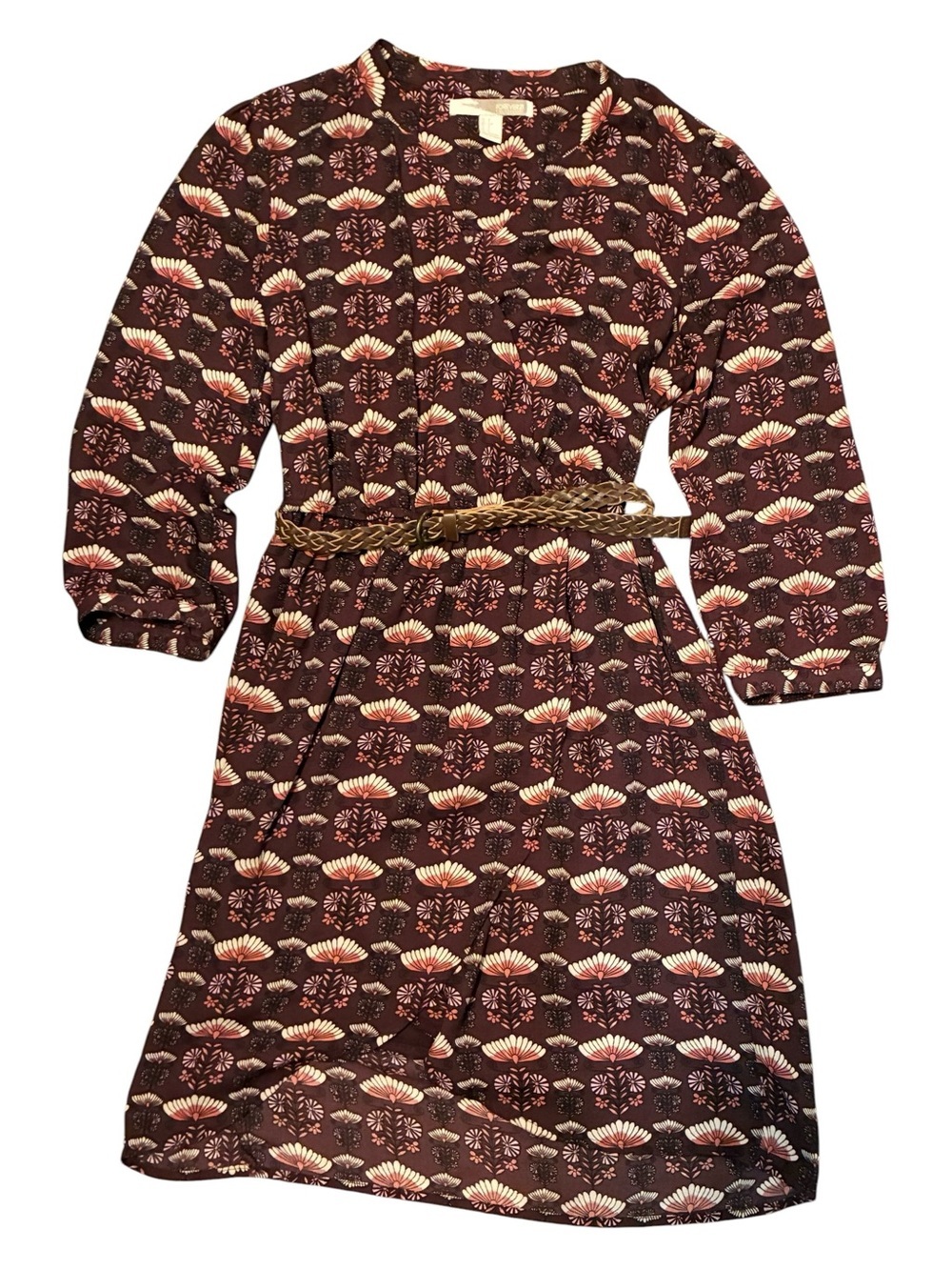 Boho Brown Floral/Geometrical Print Faux Wrap Dress